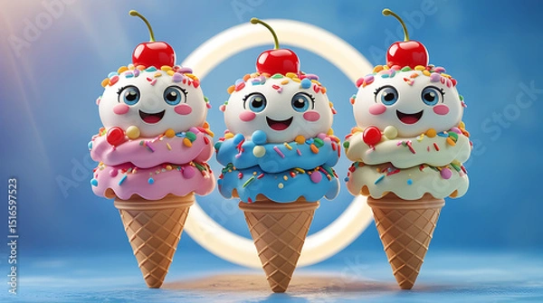 Obraz Three cheerful 3D cartoon ice cream cones, each topped with colorful sprin