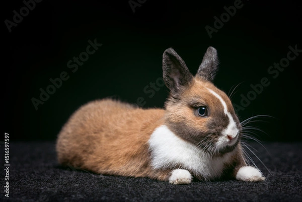 Obraz A small rabbit lies comfortably on a dark surface, showcasing its brown and white fur. The rabbit's ears are perked, and its blue eyes reflect curiosity and calmness.
