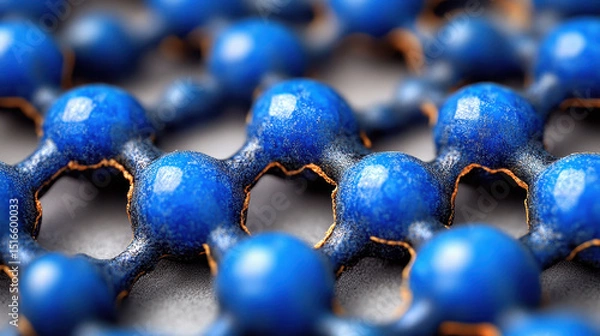 Fototapeta This close-up image showcases a blue molecular structure with spherical atoms, highlighting intricate details and patterns in a scientific and abstract context