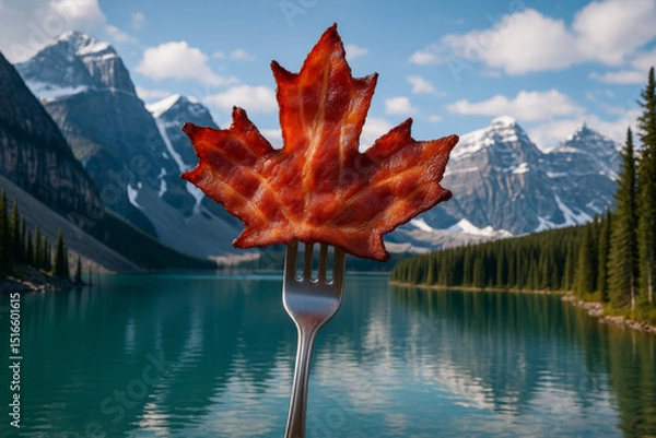 Fototapeta Crispy bacon shaped like a maple leaf over calm lake