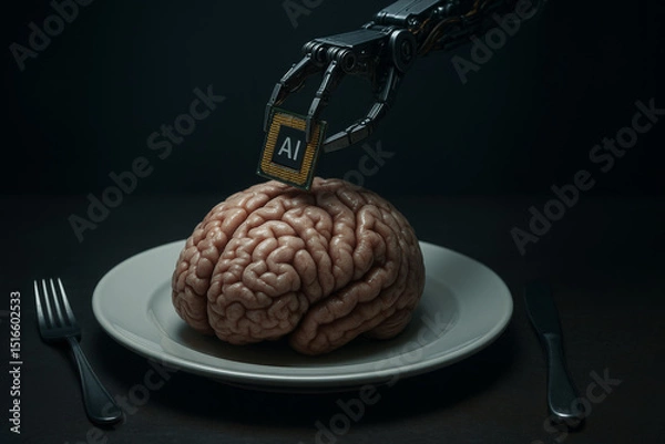 Fototapeta Robotic arm placing AI chip on brain model