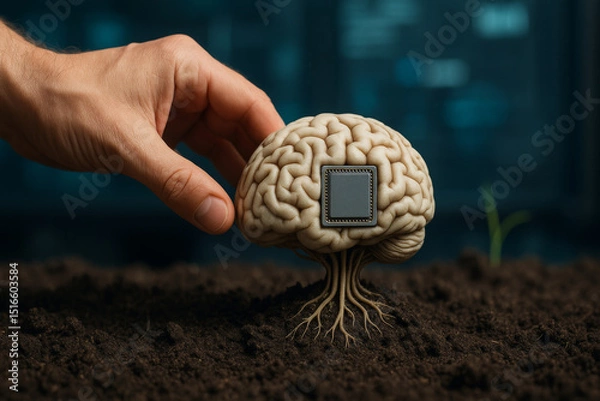 Fototapeta A hand gently touches a brain-shaped plant with a microchip