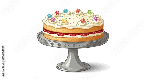 Fototapeta A layer cake on a grey stand topped with white frosting colorful flowers and sprinkles