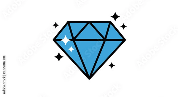 Fototapeta A vibrant blue diamond icon is outlined in black with star sparkles against a white backdrop