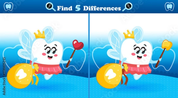 Fototapeta Find the Differences Game with Flying Tooth Fairy and Magic Wand