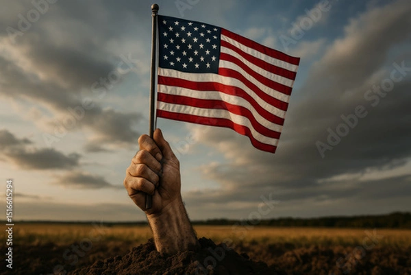 Fototapeta Hand emerges from earth holding flag