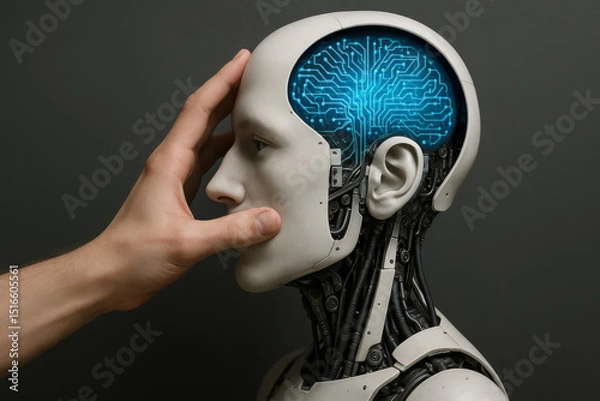 Fototapeta Human Hand Interacting with a Robotic Head