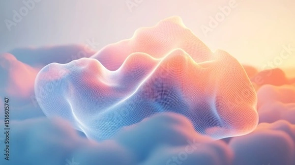 Obraz stylized abstract cloud of AI data, soft white background with gradient pastel swirls, light tech grid overlay, flowing wave lines with transparency