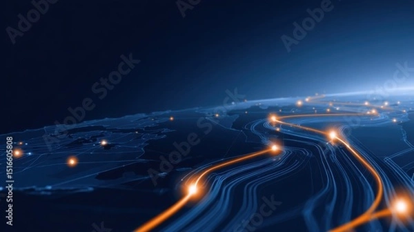 Obraz stylized logistics background, navy blue map lines forming abstract routes with glowing orange nodes, clean minimal composition