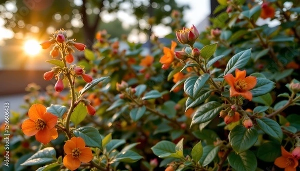 Fototapeta a vibrant garden bed with lush green plants adorned with small red flowers. a bushy with blossoms stands prominently in the foreground, casting a soft shadow on the soil beneath it