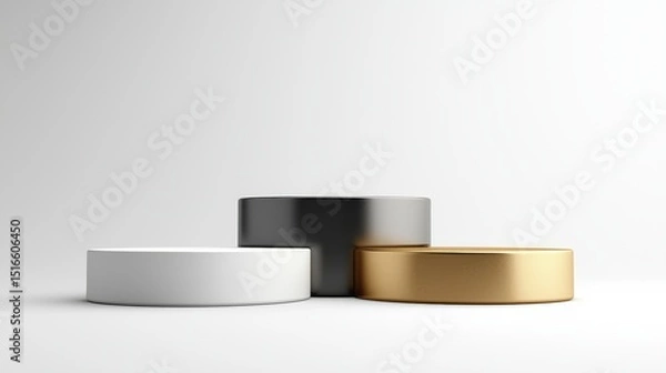 Fototapeta Three Cylinders Podium White, Black, Gold Mockup, Product Display, Minimalist, 3D Render, Award Ceremony Podium