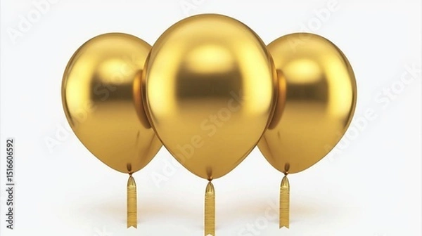 Fototapeta Three Gold Balloons 3D Render, Shiny, Celebration, Party, Luxury Gold Balloons, 3D Rendering