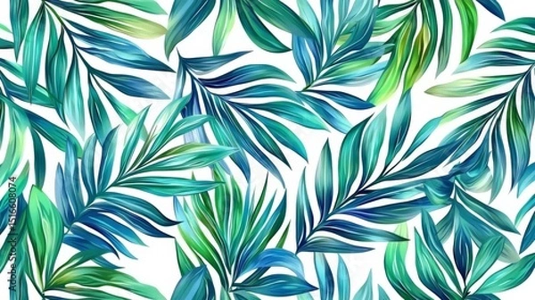 Fototapeta Vibrant Teal Palm Leaf Seamless Pattern Digital Painting, Tropical Illustration, White Background, Summer Design, Palm Leaves. Tropical, Seamless Pattern