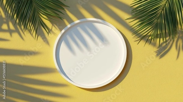 Fototapeta White Circle Frame with Palm Leaf Shadows on Yellow Wall, Minimalist Summer Mockup, Tropical Design, Summer Background Mockup,Summer