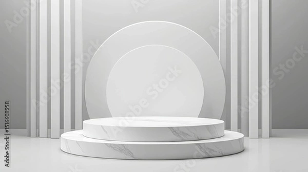 Obraz White Marble Two-Tiered Podium with Geometric Backdrop, Minimalist Product Display, Abstract Background, Mockup, 3D Render, Abstract Design ,product display