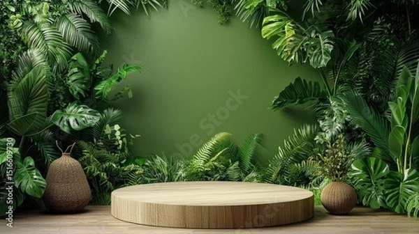 Fototapeta Wooden Round Podium Tropical Leaves Green Background, Product Display, Mockup, 3D Render, Jungle, Greenery