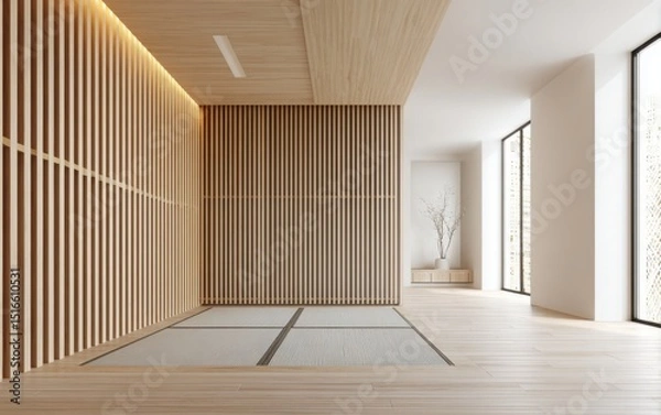 Obraz zen-inspired empty room with warm wooden slatted walls, tatami-style light flooring, soft natural lighting
