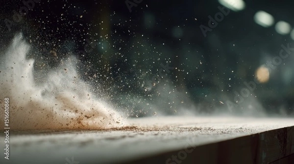 Obraz Highspeed woodworking drill in action capturing flying sawdust and wood shavings, dynamic closeup with motion blur and textured surface, industrial workspace ambiance with copy space on the right