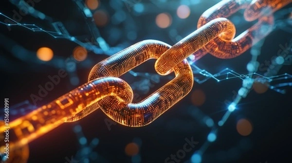 Fototapeta Close-up of glowing digital chain link symbolizing blockchain technology connection and cybersecurity concept