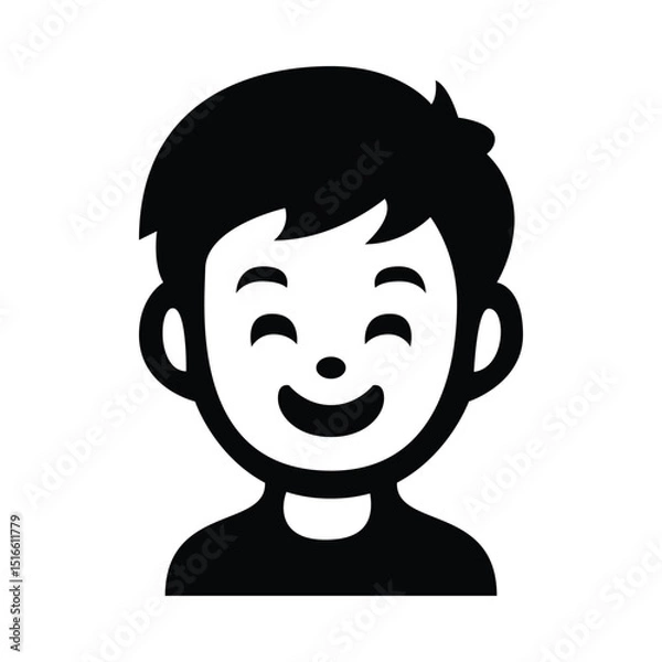 Fototapeta Flat icon of smiling cartoon boy avatar in black and white