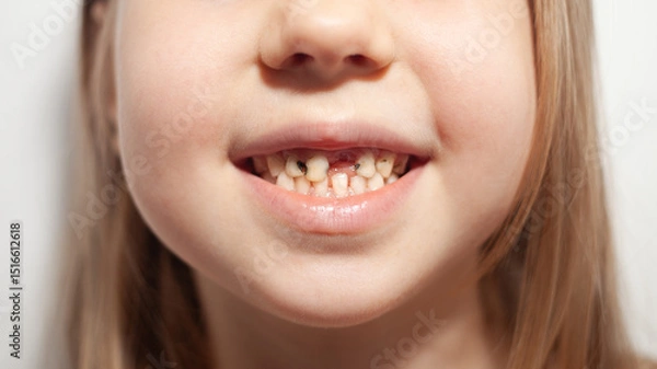 Fototapeta Close-up of girl showing decayed teeth due to lack of hygiene