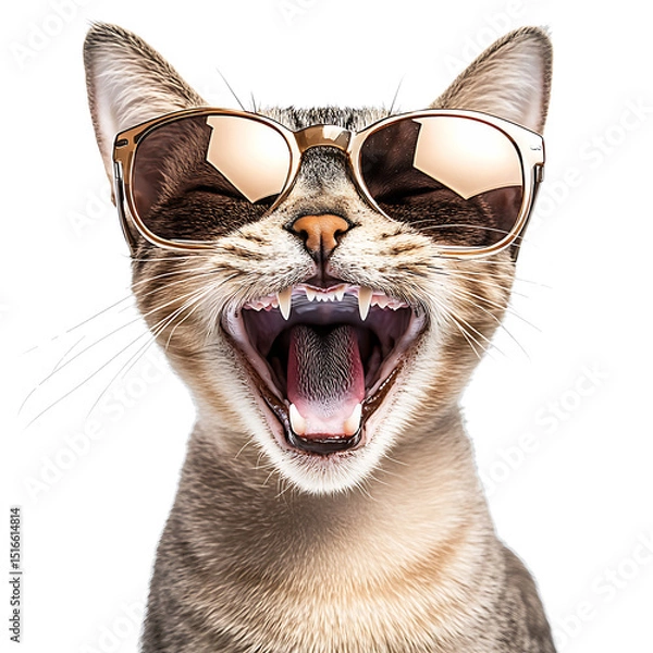 Fototapeta Cool Cat: A close-up shot of a playful cat is wearing sunglasses, the cat is looking at the viewer.