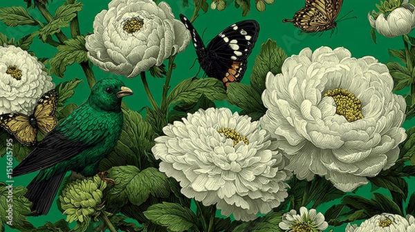 Fototapeta Y2k vibe boho aesthetic banners set. Vector realistic illustration of retrowave posters with elegant floral decoration, butterflies on green and black background, retro futuristic flashback vibe flyer