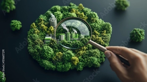 Obraz Eco friendly city planning concept with magnifying glass focusing on green urban development model