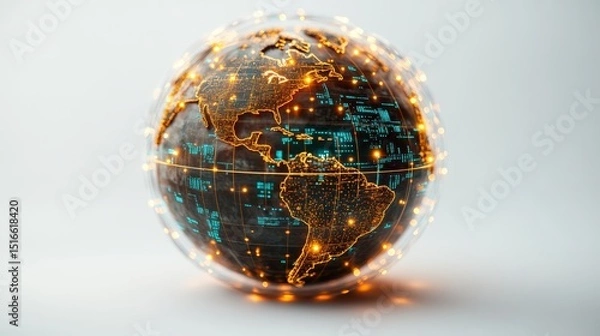 Obraz Futuristic glowing digital globe with interconnected technology lines and illuminated world map design