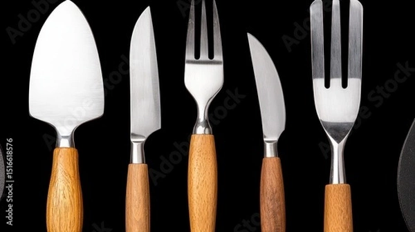Obraz Sleek Kitchen Utensils with Light Brown Handles on Black Background