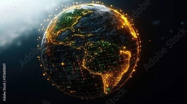Obraz Illuminated digital globe showing continents and networks with glowing city lights in space