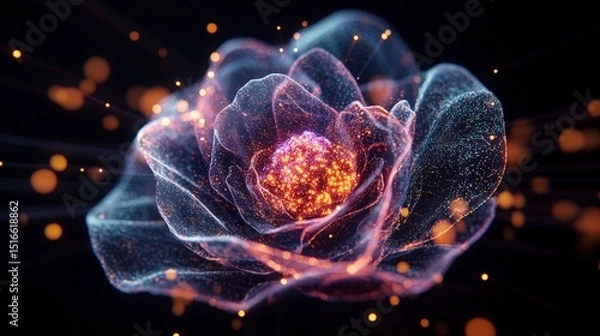 Obraz Highly detailed digital illustration of a glowing abstract flower with neon light effects and sparkling particles