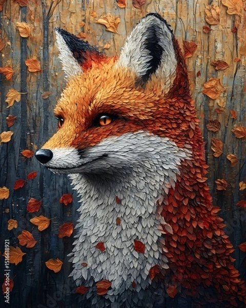 Fototapeta Surreal fox created from colorful, textured autumn leaves, perfect for fall-themed designs, fantasy art, and nature-related projects.