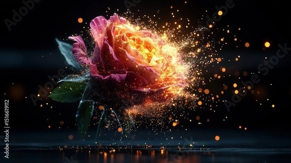 Obraz Vibrant glowing rose with sparkling particles and fiery explosion in dark background artistic floral memorial