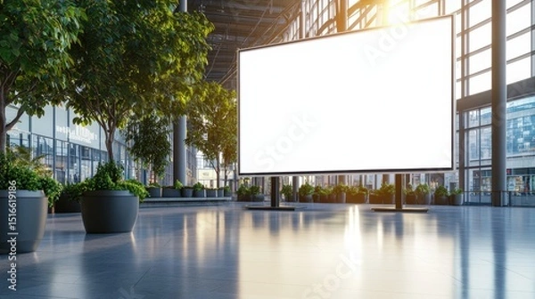 Obraz Modern indoor commercial space with large digital display screen in a glass building lobby