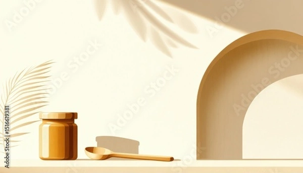 Obraz A horizontal illustration for Mustard Day, showing a single mustard jar with the lid off on a simple kitchen counter