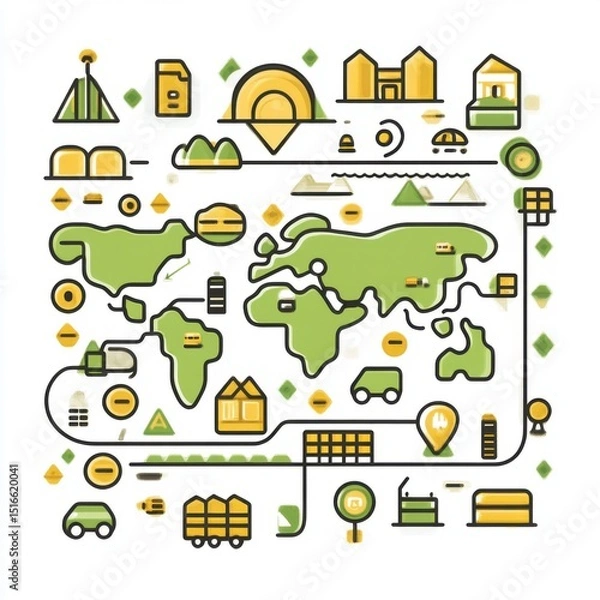 Fototapeta Colorful illustrated world map showcasing various landmarks, transportation, and nature elements