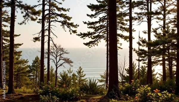 Obraz a serene forested area by the ocean. tall trees with slender trunks stretch towards the sky