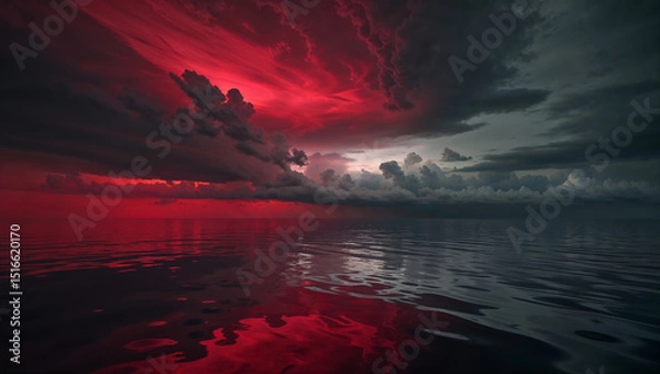 Fototapeta Dramatic red and grey clouds reflecting on calm ocean at sunset