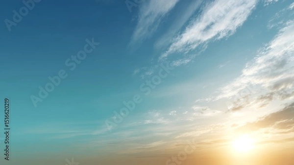 Obraz Serene digital landscape featuring soft wispy clouds drifting across a vibrant turquoise sky with gentle sunlight, evoking calmness and dreaminess with ample copy space on the left