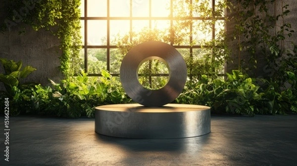 Obraz Modern minimalist circular sculpture placed on a concrete pedestal in lush greenery indoors with sunlight streaming through large