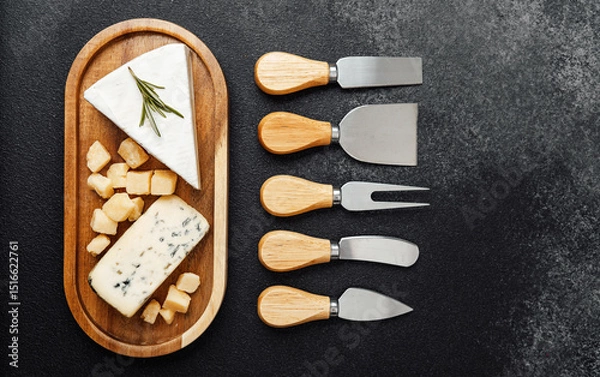 Obraz A selection of cheeses on a wooden tray accompanied by various cheese knives