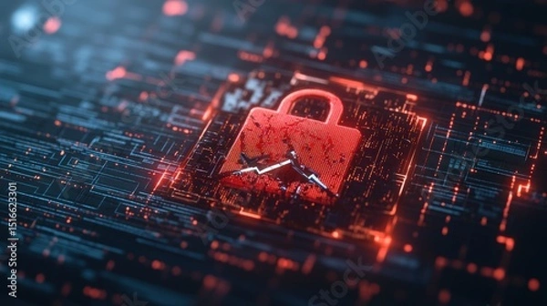 Obraz Futuristic digital security concept featu a glowing red padlock symbol over a high-tech digital network background