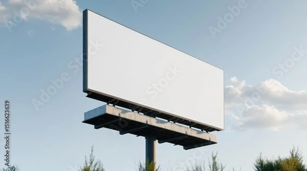 Obraz Large empty rectangular billboard on metal pole against blue sky with clouds for outdoor advertising