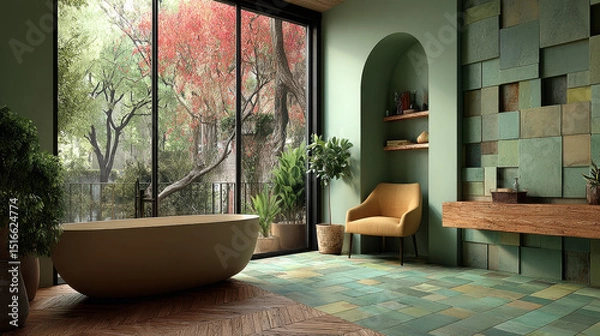 Fototapeta Green mosaic made of square tiles in different shades. fresh design pattern for decorating swimming pool, bathroom, kitchen or modern interiors. Room interior wall 3d background with square bricks.