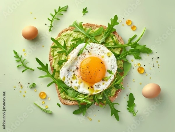 Fototapeta avocado toast with egg and arugula, flat lay,