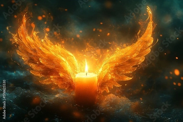 Fototapeta Surreal digital painting of a glowing candle with wings, perfect for whimsical art projects, evening events, spiritual themes, or creative advertising.