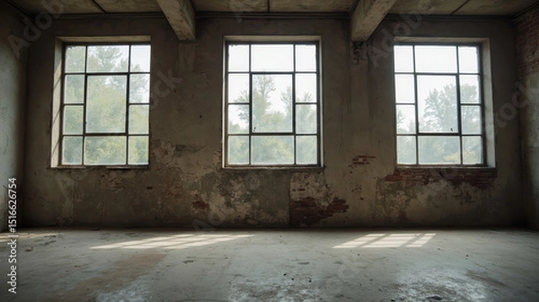 Fototapeta Abandoned room with three large windows, showcasing rustic interior and natural light filtering through. atmosphere feels serene and nostalgic