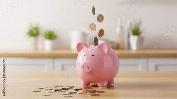 Fototapeta Pink Piggy Bank with Floating Coins