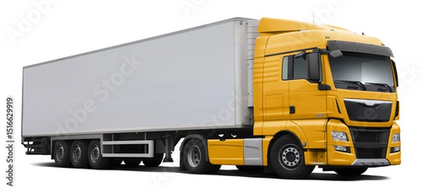 Fototapeta A modern European truck with a yellow cab and a full white semi-trailer. Front side view isolated on white background.